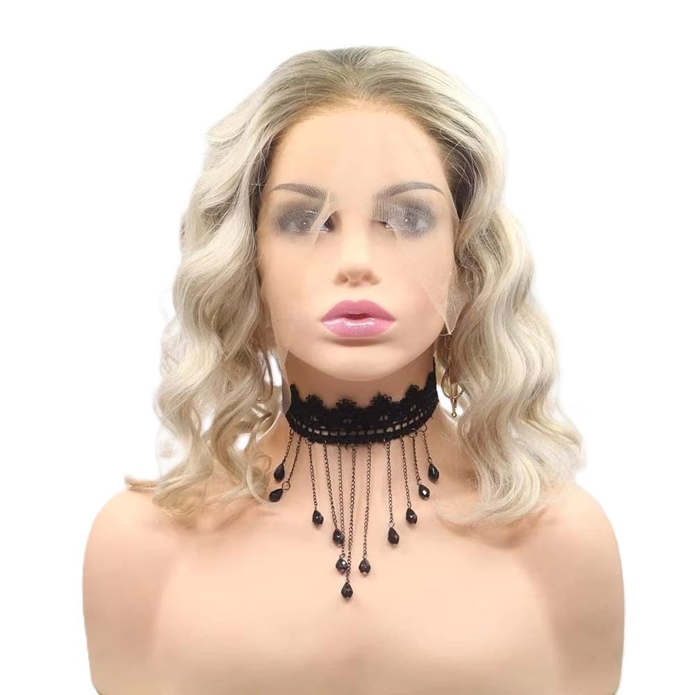 Haarpflege Blonde Lace Front Perücke Mit Lockigem Bob Und Braunem Ansatz Hitzebeständige Aschblonde Faser