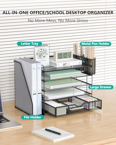 Image of WALI Desk File Organizer, 5 Tier Desktop Paper Letter Tray Organizer with Drawer and 2 Pen Holders, Office Desk Accessories & Workspace Organizers for Office, Home Supplies(DO006DH-B), 1 Pack, Black