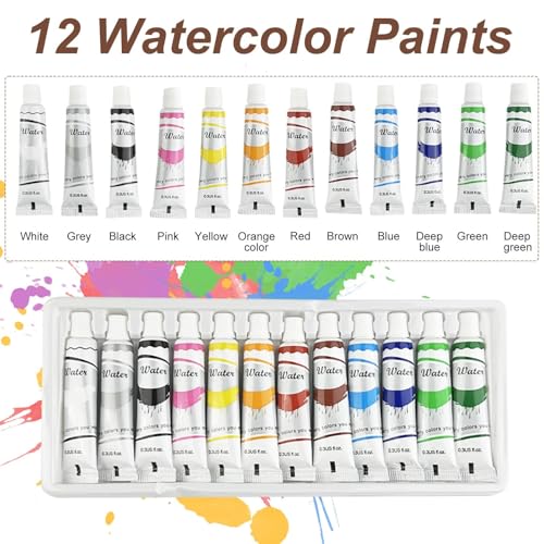 Chiluxendo Aquarell Set Unterwegs mit Clips, 12 Farbe Aquarell Reiseset, Mini Malset für Unterwegs mit Aquarellpapier Journal, Aquarellpinsel, Tragbares Holz Malpalette für Maler, Studenten(8 Gitter)