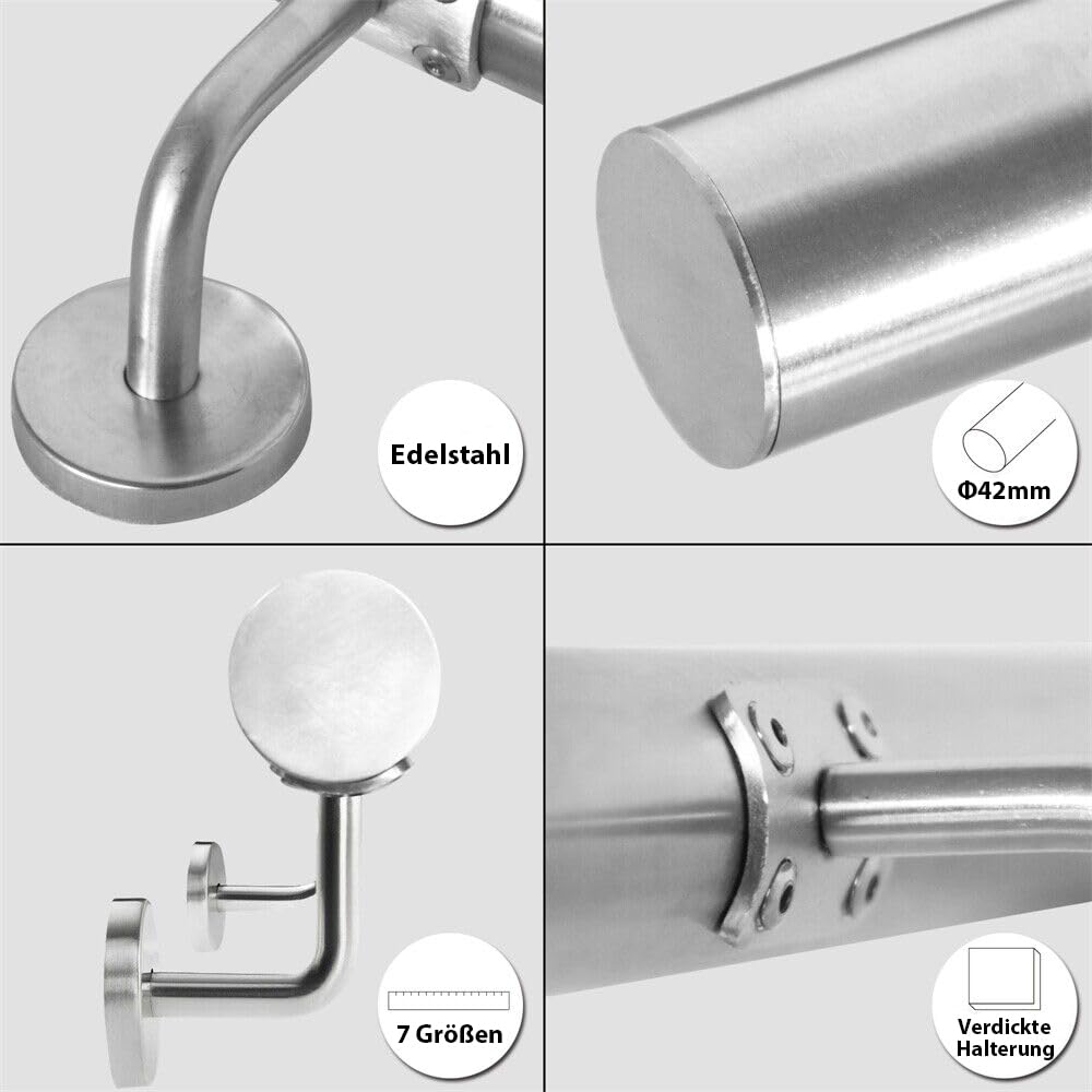 Corrimano in acciaio inox, ringhiera per scale, corrimano da parete, scale con supporto da parete e tappi terminali, ringhiera per scale interne ed esterne per scale, parapetti, balcone, lunghezza