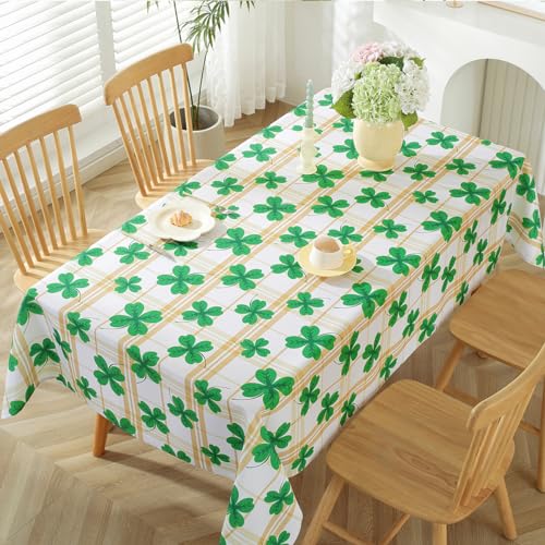 SASTYBALE St. Patrick’s Day Tablecloth Rectangle, Spill Proof Plaid Table Cloth Printed with Green Shamrock Clovers, Washable Table Cover for Party Picnic Dinner Decor (Rectangle, 52" x 70")