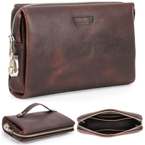 Image of Top Grain Genuine Leather Clutch Wallet for Man & Woman, Handmade Retro Design, Combination Lock & Retractable Strap & Multi Pockets /Slots, Portable RFID for Cards /Checks /Phone /Banknote, Red Coffee