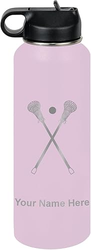 Vista 318 de LaserGram Botella de agua personalizada, palitos de lacrosse, acero inoxidable de doble pared aislada al vacío con popote superior, regalo grabado
