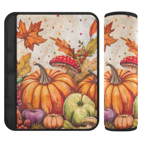 Image of Fall Harvest Pumpkins Mushroom Orange Seat Belt Cover Pad 2 Pcs Soft Cute Seatbelt Covers Protector Support Head Neck Shoulder Strap for Car Seats High Chair Backpack for Adults Kids Women Men