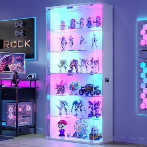 Display Cabinet with Glass Doors, 6-Tier Curio Cabinet with Lights, Modern Display Case for Collectibles with Human Body Sensor and Lockable Storage Bookcase (White)