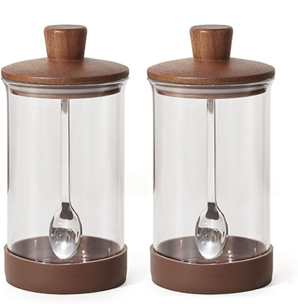 AZHKJKZH Seasoning Box Set Glass Spice Jars Bottles With Wood Lid Seasoning Jar Set For Salt Sugar Salt Sugar Jar(2Pieces)