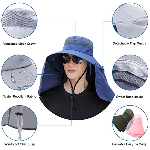 Image of Women Wide Brim Face Mask Sun Hat Detachable Neck Face Flap Ponytail UV Protection Visor Hat Garden Fishing Hiking