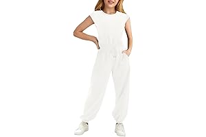 Kids Style Crewneck Elastic Waist White Jumpsuit for Girls 5-14