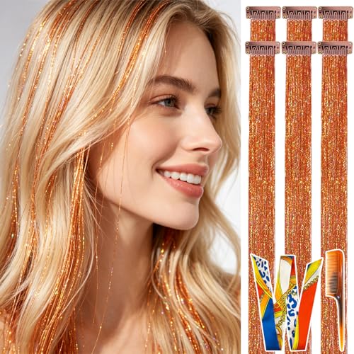 CELINABELLA Orange Gold Hair Tinsel Clip-in 23Inch 70Strands Heat Resistant Citrus Sparkle Hair Extensions 6PCS with Comb & Ribbon for Women Teens Summer Festival