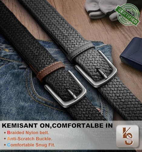 Image of KEMISANT Men's Golf Belt 2 Pack-Braided Woven Stretch Belt for Gift Men Casual Jeans Sports Work 1 3 /8 inch(Black /Dark Gray,36 inch-40 inch Waist Adjustable)