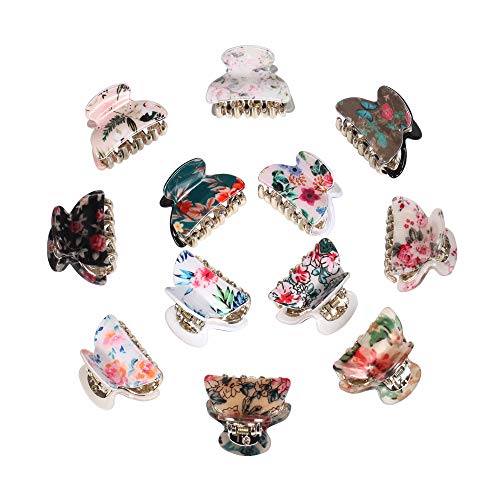Hair Claw Clips Set for Women, Girl 1.57" Small Tortoise Shell Double Grip Teeth Clamps Strong Jaw Cute Floral Print Banana Design Nonslip Thick Thin Hair Hold Clutches Accessories Twinfree - 12 Pack