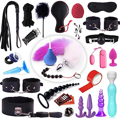 Explore Pleasure 26pc Restraints Set. Perfect for Beginners, SM Games, Safe Exploration Includes Restraints, Cuffs, Nipple Clamps, Flogger, Ball Gag, Blindfold, Rope, Whips, Anal Plugs, Handcuffs etc