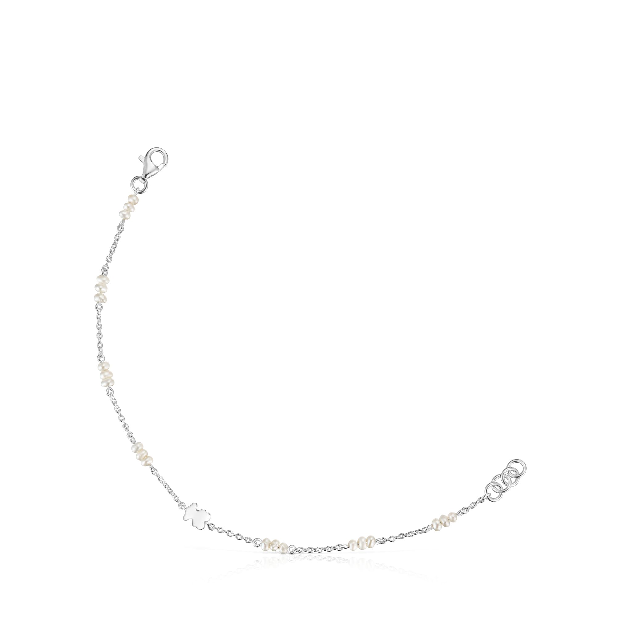 TOUS Pulsera de Plata de Primera Ley para Mujer con Oso de 6mm y Perlas, 17,5 cm de Largo y Cierre Mosquetón, Colección Sweet Dolls