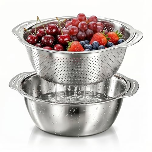 Image of 2Pcs Colander & Mixing Bowl Set 27cm Stainless Steel Strainer with Handles