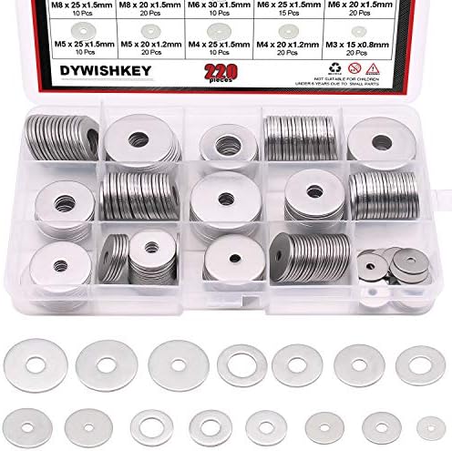 DYWISHKEY 220Pieces 15 Sizes Large Fender Washer Assortment Kit, 304 Stainless Steel (M3 M4 M5 M6 M8 M10 M12)