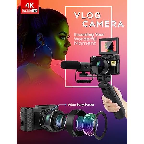 Fotocamera digitale con kit di accessori Creator 48MP 4K per Vlogger Telecomando Autofocus Flip Screen Camcorder Fotografia Fotografia Fotografia Camcorder con Treppiede Grip, Grandangolo & Obiettivo