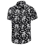 GRTXIN Halloween Shirts for Men Pumpkins Skeleton Shirt Short Sleeve Button Down Dress Shirts（Black Skull-XL）