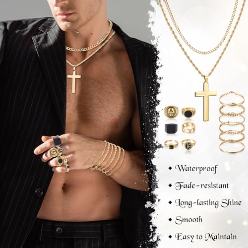 Kigeli 15 Pcs Gold/Silver Jewelry Set for Men Cross Pendant Necklace Cuban Bracelet Vintage Ring Gothic Hip Hop Jewelry Set - Image 4