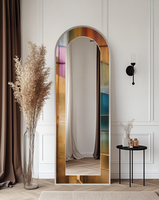 Specchio da pavimento a lunghezza intera, riflettente, multicolore, 69,3 x 160 cm (larghezza x altezza), specchio da pavimento con cornice nera e cornice argentata