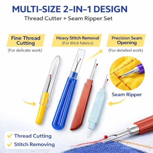 Image of Seam Ripper 3pcs Big Tool Set Piece Sewing Accessories Kit for Stitch Removal | Thread Cutting | Ideal for Sewing, Tailoring, DIY Projects | Stainless Steel Blades with Comfort Grip Handles (4, cutter + Seam Ripper)