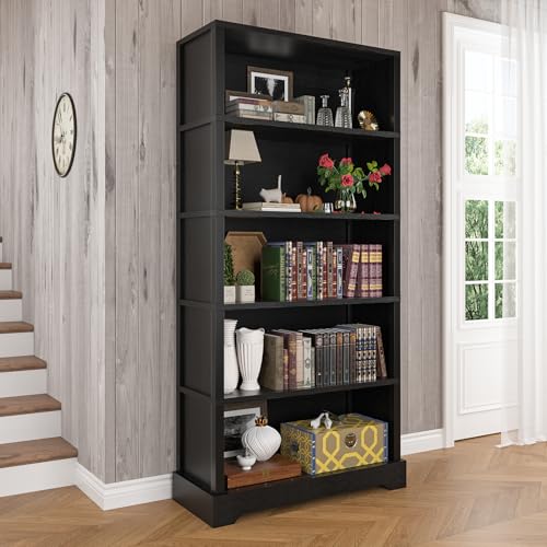 Image of TVU 5-Tier Wooden Bookshelf, 65 inch Tall Farmhouse Style Open Bookcase, 31.5 inch W Standing Book Shelf with Storage, Suitable for Study, Living Room, Office, Blcak