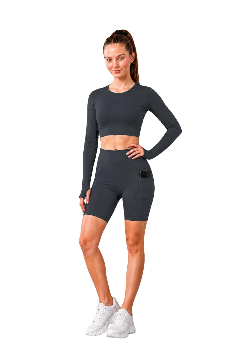 poojaran saree Women’s Gym Tracksuit | Thumb Hole Sleeve Crop Top & High Waist Biker Shorts with Pocket | Yoga Workout Activewear Set for Running, Fitness & Lounge Wear | Shorts & Bra Set-picture-31
