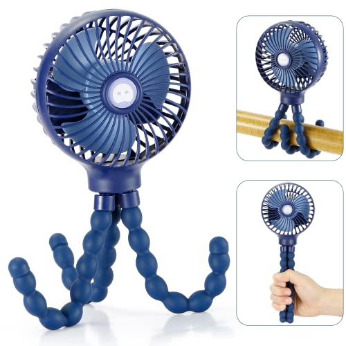 Image of snawowo Mini Handheld Personal Portable Fan, Baby Stroller Fan, Car Seat USB or Battery Powered, with Flexible Tripod Clip on Student Bed Desk Bike Crib Treadmill Camping Traveling(Navy Blue)