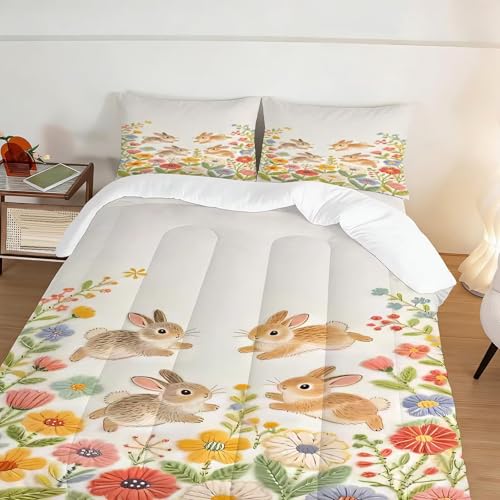 Image of Floral Rabbit Comforter Set Queen Size Cartoon Flower Bunny Bedding Sets for Kids Teens Boys Girls Bedroom Cute Animal Quilt 1 Comforter 2 Pillowcases