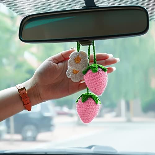 DJZNDINGJIEJIE Rear View Mirror Dangle Pendant Cute Crochet Strawberry Plant Hanger Decor Car Mirror Hanging Accessories Interior Aesthetic for Your Car Women Charms Ornament Decorations (2 Pcs Pink)
