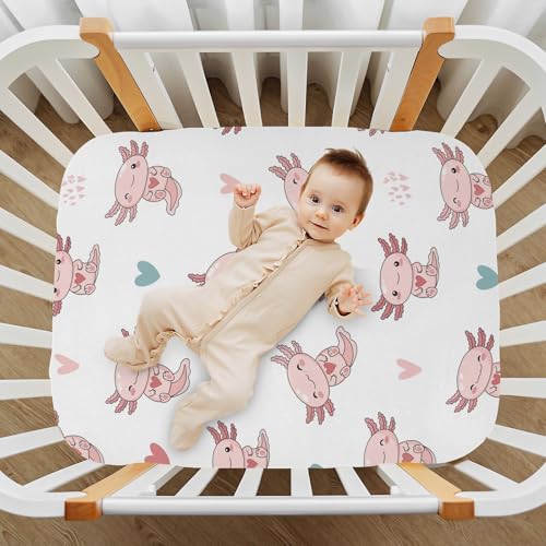Image of Axolotl Hearts White Fitted Crib Sheet for Boys Girls Baby Crib Bedding Sheet for Toddler Mattresses,39 x 27 in