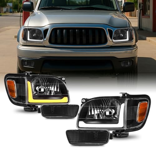 AKKON - Fits 2001-2004 Toyota Tacoma Black Headlights Pair w/LED Greeting Lamp Switchback DRL Sequential Turn Signal