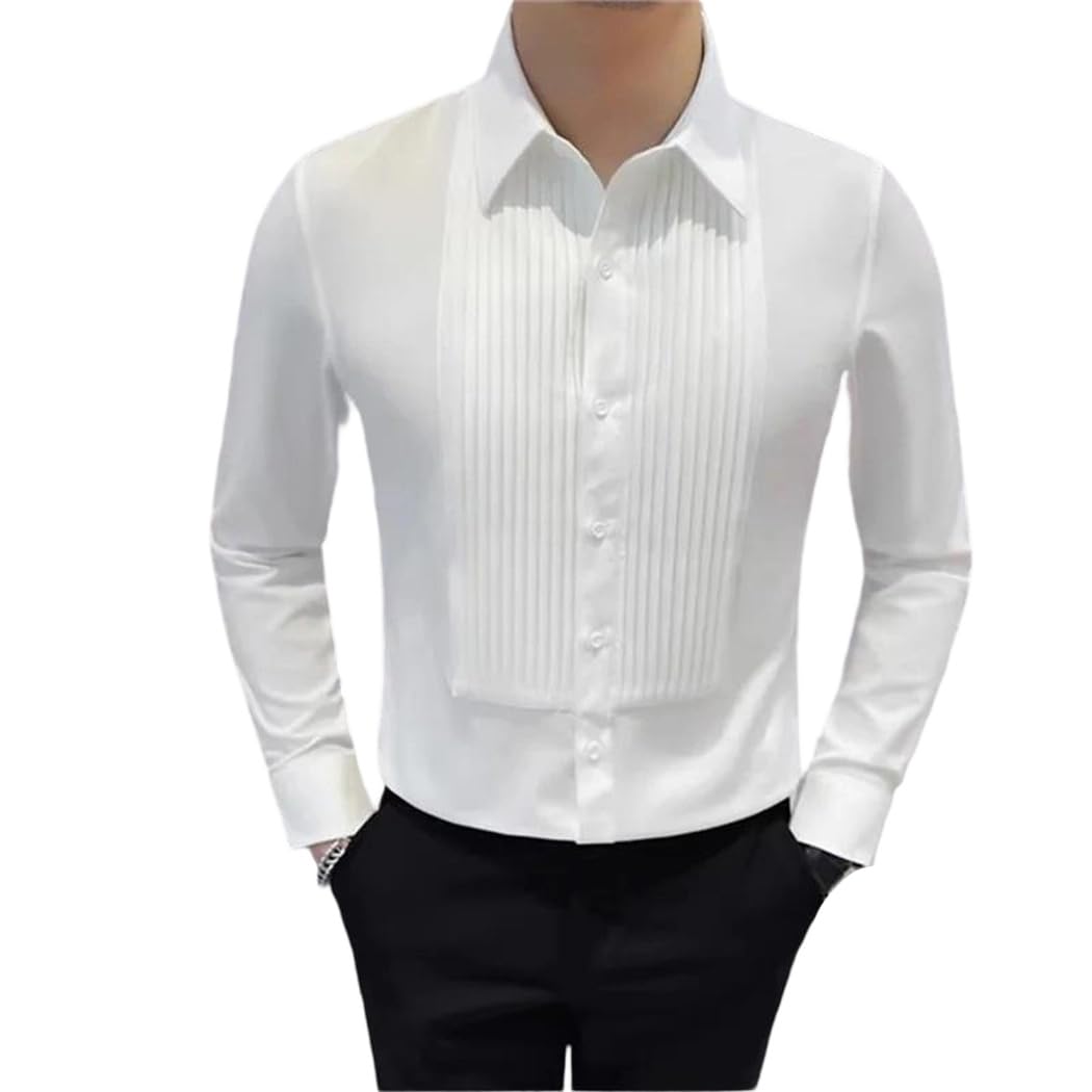 Dvbfufv Men Long Sleeve Shirt Pleated Textured Slim Shirt Solid Color Business Casual Formal Wedding Dress Blouses
