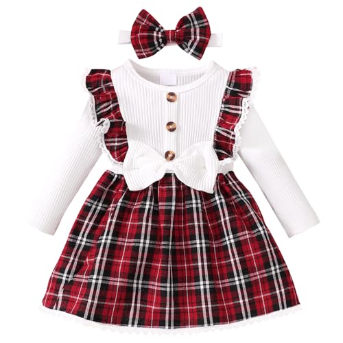 Baby Girl Christmas Plaid Dress Long Sleeve Ruffle Outfit with Bow and Matching Headband