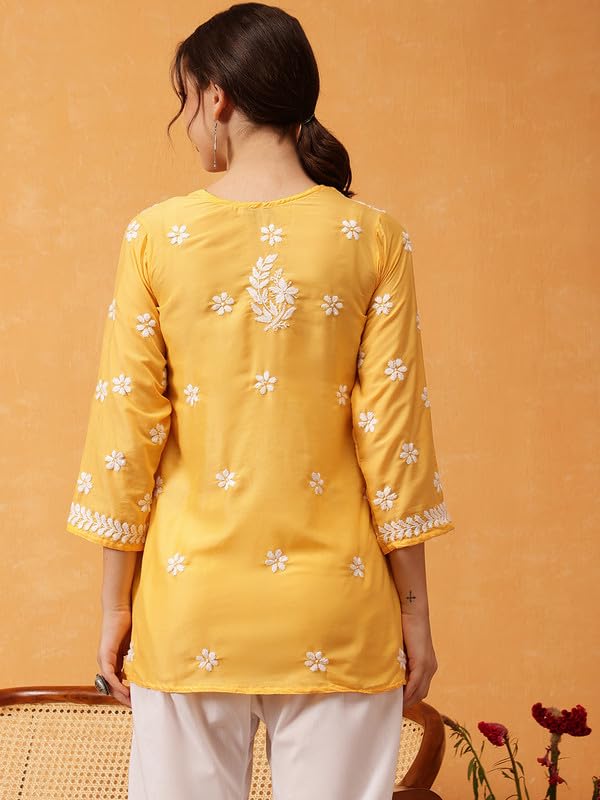 Image of Ada Women's Muslin Straight Fit Tunic Hand Embroidered Lucknowi Chikankari Straight Top Short Kurti A911420