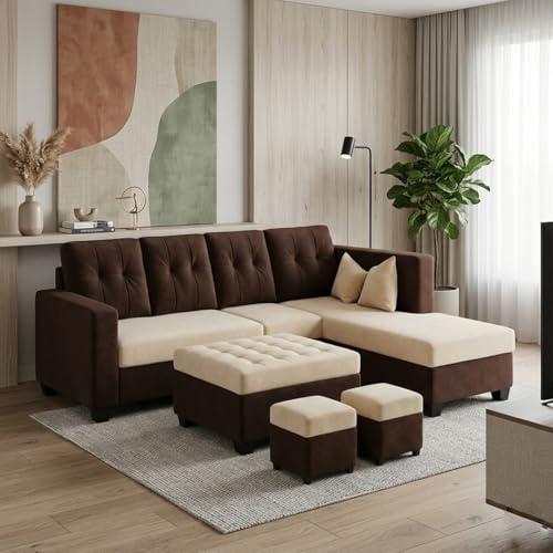 Image of FURNY Nathan 8 Seater L Shape Sofa Set RHS (Dark Brown-Cream) | Suede Velvet Finish | Durable Comfort Sofa for Modern Living Room & Office Spaces