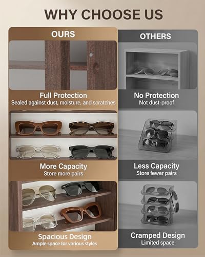Image of TJ.MOREE Sunglasses Organizer Storage Wall Mounted Eyeglasses Display Case | 13 x 15.6 inches Glasses Holder 6 Tier, Wood