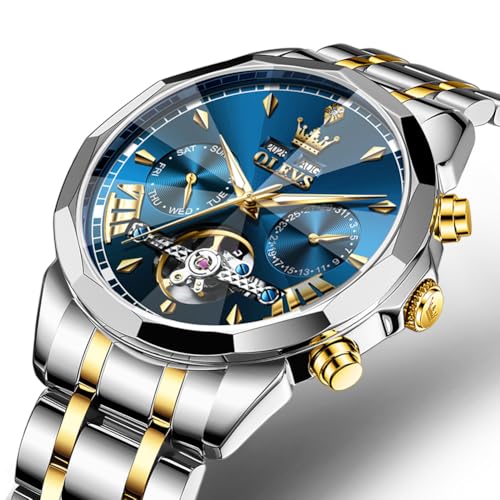 Image of OLEVS Watch Men Luxury Automatic Self Winding Blue Face Two Tone Watch