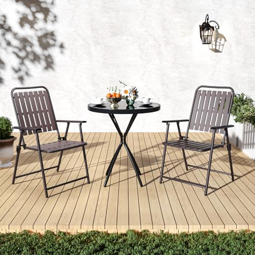 3 Pieces Patio Bistro Set Folding Small Table Chairs Set for 2 Outdoor Bistro Furniture Sets with Glass Coffee Table for Lawn Backyard Balcony Poolside