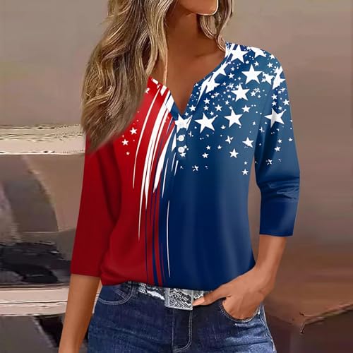 Image of 4th of July Shirts Women 3 /4 Length Sleeve Womens Tops Henley Neck Casual Patriotic T Shirts