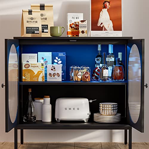 Ikifly Set Of 2 Led Sideboard Buffet Cabinet, Kitchen Storage Cabinet With Fluted Glass Doors, Height-Adjustable Shelf, Modern Cupboard Console Table, For Dining Living Room Hallway Office - Black #TOP5
