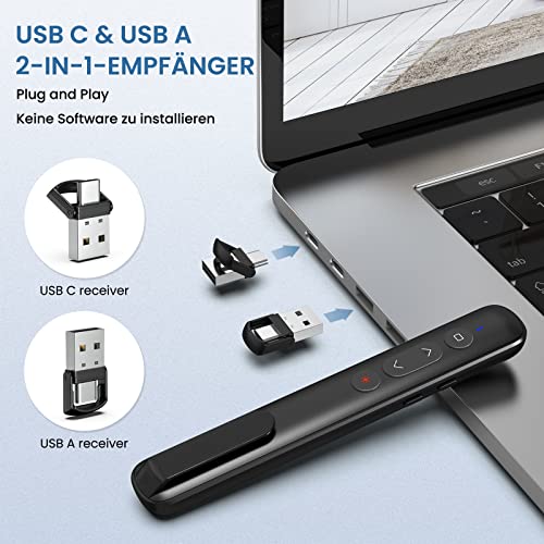 Presenter mit Laserpointer,Powerpoint Fernbedienung Präsentationsfernbedienung Pointer für Präsentationen,Newenmo USB C&USB A 2 in 1 Präsentation,Präsenter mit Hyperlink&Volumen Kontrolle