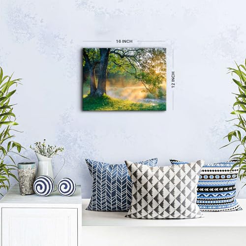Yoooahu Nature Wall Art Forest Landscape Picture Oak Tree Canvas Print Artwork For Living Room Bedroom Vintage Green Mountain Sunrise Wall Decor Morning Sunlight Framed Painting Bathroom Home Decoration 12X16 thumb #2