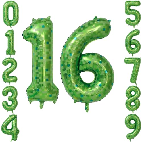 40 Inch Green Pixel Number 16 Balloon for 16st Gamer Party Birthday Decor
