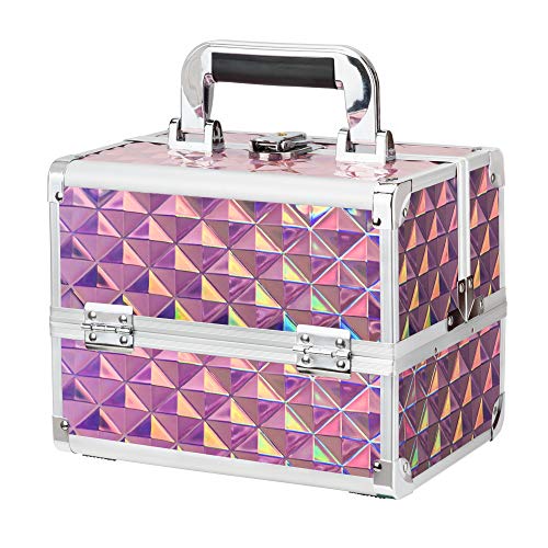 Amasava Maletín para Maquillaje, Estuche de Maquillaje, Estuche de Cosméticos, 24cm x 17cm x 19cm, ABS de Aluminio, con Espejo, Cerradura, 2 bandejas, Rosa