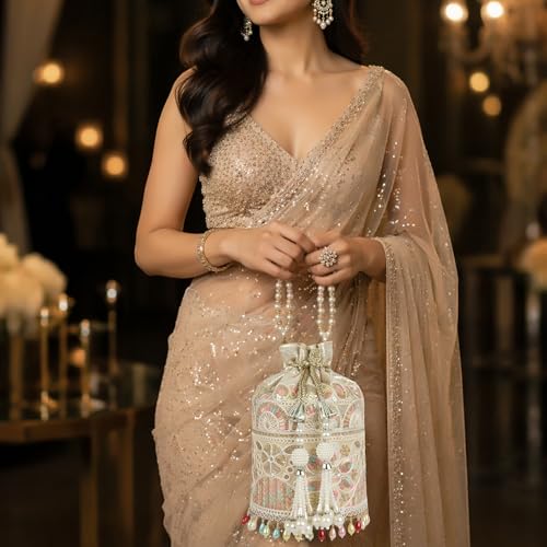 Image of Nevis Silk Fabric Embroidered Potli Bag with Pearl Beaded Handle | Designe Ethnic Drawstring Clutch for Wedding, Festive