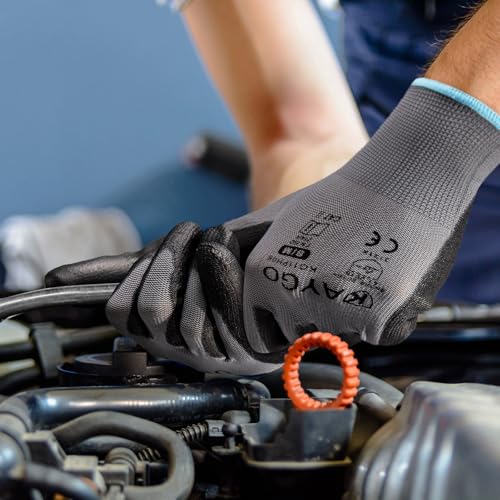 Image of KAYGO Work Gloves for Men and Women,12 Pairs Seamless Knit PU Coated Safety Gloves, with Smooth Grip on Palm and Fingers, Ideal for Light Warehouse, Manufacturing, Gardening, KG11P (S,Gray)
