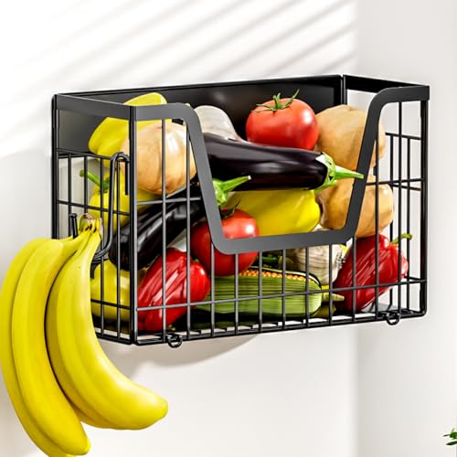 Image of Magnetic Shelf for Fridge, Fruit Basket Magnet Shelves with 2 Hooks | Potato and Onion Storage Bins, Black Magnetic Organizer Side of Fridge Storage, Magnetic Spice Rack for Refrigerator Kitchen