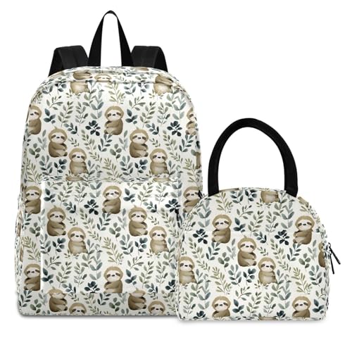 Leaf Sloth Print Backpack Set with Lunch Bag, Large Capacity Travel Backpacks and Lunch Box Insulated for Commute Hiking Picnic