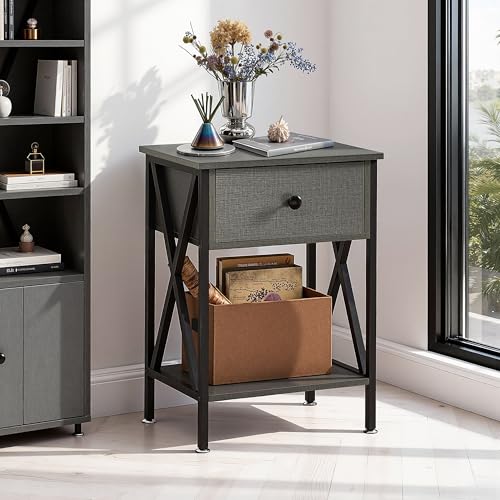 Image of VECELO Nightstand,Modern Bedside End Tables, Night Stand with Drawer and Storage Shelf for Living Room Bedroom, Industrial Metal Frame