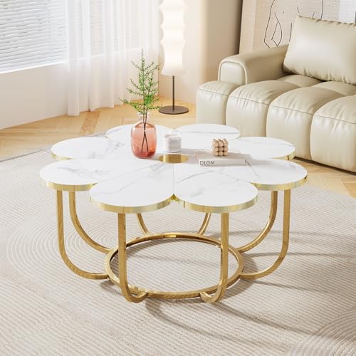 Tribesigns White and Gold Coffee Table, Modern Flower-Shaped Coffee Table with Faux Marble Tabletop, 39.37-Inch Floral Accent Center Table with Metal Frame for Living Room, Bedroom, Lounge